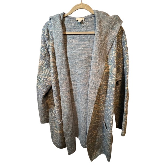 J. Jill Sweaters - Pure Jill Hooded Open Front Cardigan Pockets‎ Blue Knit Sweater 1X J.JILL